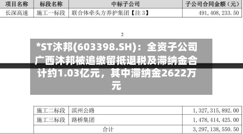 *ST沐邦(603398.SH)：全资子公司广西沐邦被追缴留抵退税及滞纳金合计约1.03亿元，其中滞纳金2622万元-第1张图片